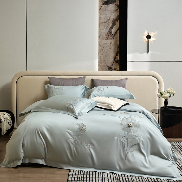 蒂爵 2026新款贡缎100支长绒棉全棉纯棉刺绣绣花四件套高端四件套-繁花 繁花-冰晶兰