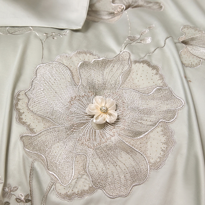 91家纺网 家纺一手货源 找家纺 蒂爵 2026新款贡缎100支长绒棉全棉纯棉刺绣绣花四件套高端四件套-繁花 繁花-抹茶绿