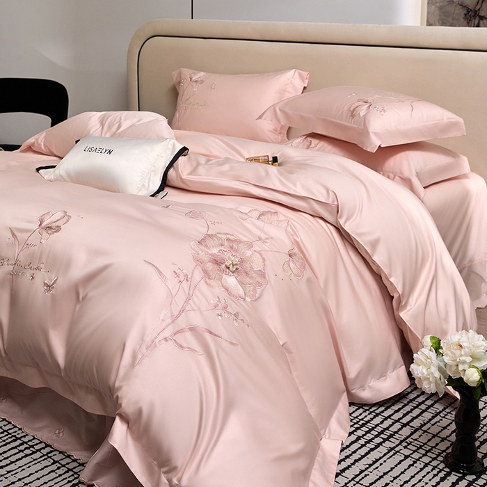 91家纺网 家纺一手货源 找家纺 蒂爵 2026新款贡缎100支长绒棉全棉纯棉刺绣绣花四件套高端四件套-繁花 繁花-倩影粉