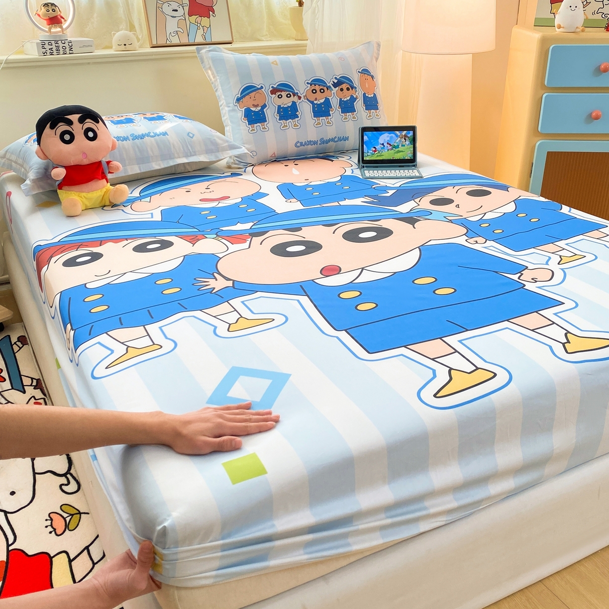 91家纺网 家纺一手货源 找家纺 博雅 2026新款蜡笔小新正版授权全棉纯棉大版床笠单件床笠单品单床笠 大版-春日部校服小新