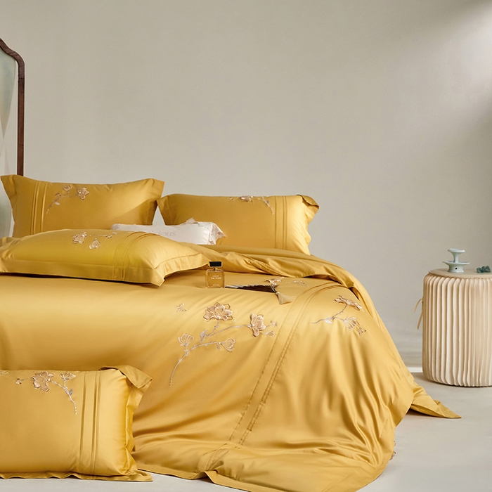 91家纺网 家纺一手货源 找家纺 蒂爵 2026新款贡缎100支长绒棉全棉纯棉刺绣绣花四件套高端四件套-陌上花开 陌上花开-柠檬黄