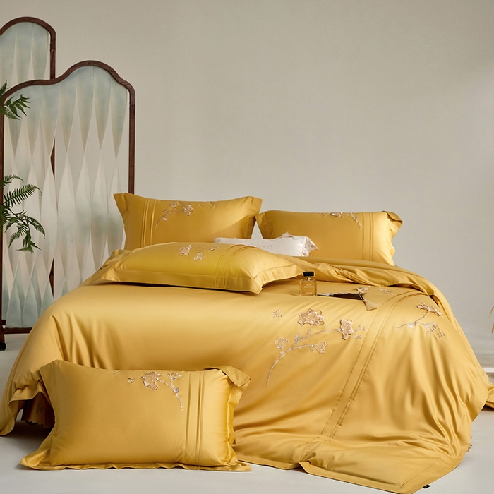 蒂爵 2026新款贡缎100支长绒棉全棉纯棉刺绣绣花四件套高端四件套-陌上花开 陌上花开-柠檬黄