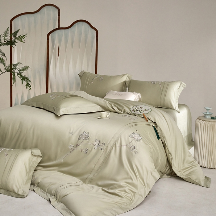 91家纺网 家纺一手货源 找家纺 蒂爵 2026新款贡缎100支长绒棉全棉纯棉刺绣绣花四件套高端四件套-陌上花开 陌上花开-豆绿