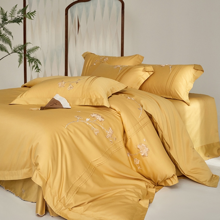 91家纺网 家纺一手货源 找家纺 蒂爵 2026新款贡缎100支长绒棉全棉纯棉刺绣绣花四件套高端四件套-陌上花开 陌上花开-柠檬黄