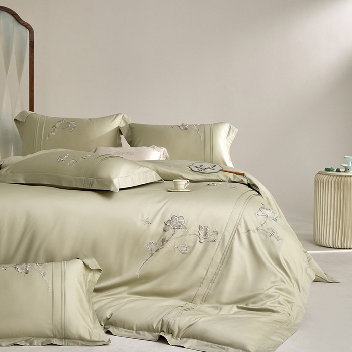 91家纺网 家纺一手货源 找家纺 蒂爵 2026新款贡缎100支长绒棉全棉纯棉刺绣绣花四件套高端四件套-陌上花开 陌上花开-豆绿