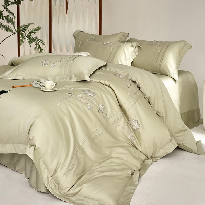 91家纺网 家纺一手货源 找家纺 蒂爵 2026新款贡缎100支长绒棉全棉纯棉刺绣绣花四件套高端四件套-陌上花开 陌上花开-豆绿