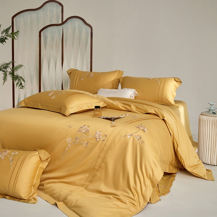 91家纺网 家纺一手货源 找家纺 蒂爵 2026新款贡缎100支长绒棉全棉纯棉刺绣绣花四件套高端四件套-陌上花开 陌上花开-柠檬黄