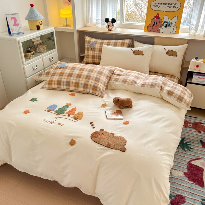 91家纺网 家纺一手货源 找家纺 如意朵 2026新款全棉纯棉毛巾绣四件套（第二批） 开心巴拉