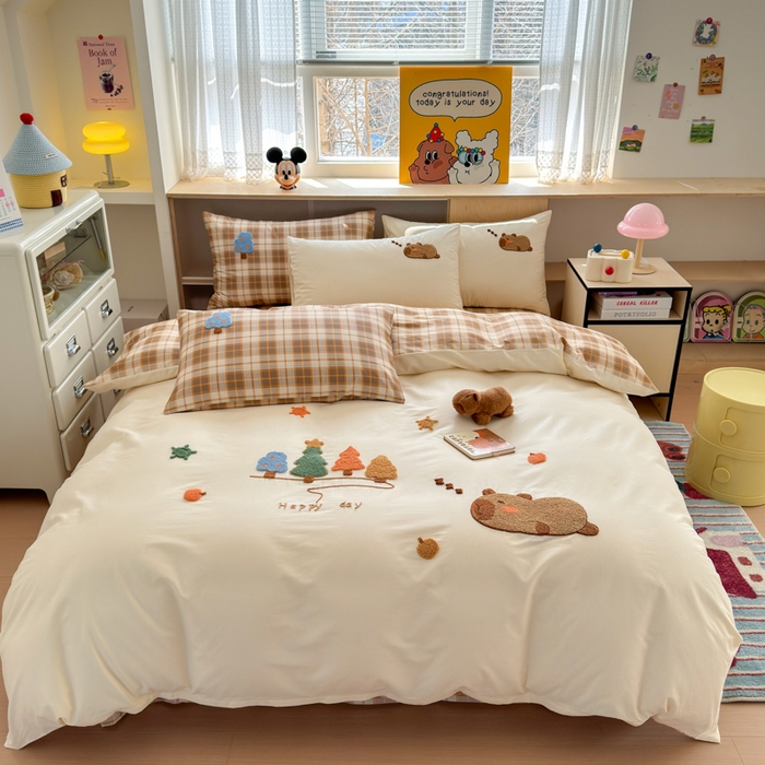 91家纺网 家纺一手货源 找家纺 如意朵 2026新款全棉纯棉毛巾绣四件套（第二批） 开心巴拉