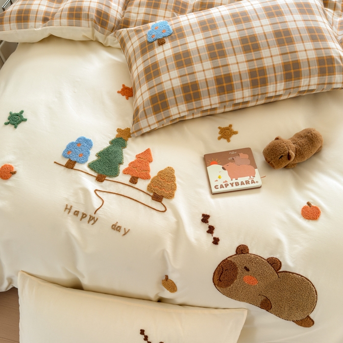 91家纺网 家纺一手货源 找家纺 如意朵 2026新款全棉纯棉毛巾绣四件套（第二批） 开心巴拉