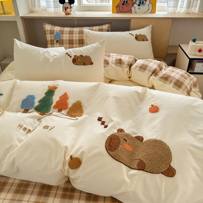 91家纺网 家纺一手货源 找家纺 如意朵 2026新款全棉纯棉毛巾绣四件套（第二批） 开心巴拉