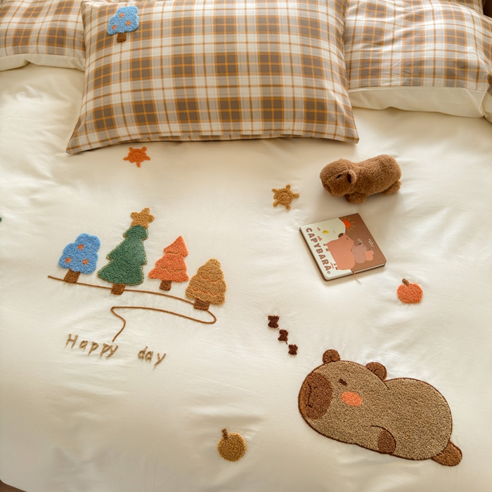 91家纺网 家纺一手货源 找家纺 如意朵 2026新款全棉纯棉毛巾绣四件套（第二批） 开心巴拉