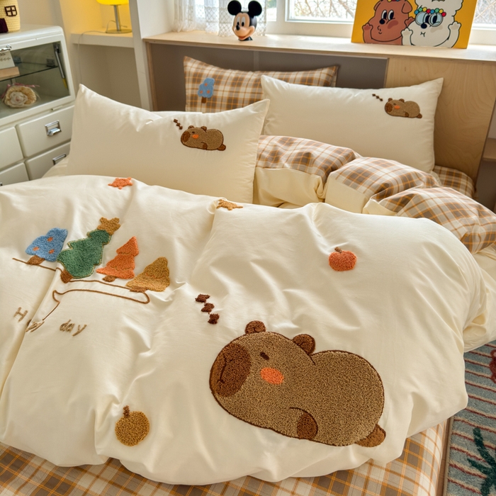 91家纺网 家纺一手货源 找家纺 如意朵 2026新款全棉纯棉毛巾绣四件套（第二批） 开心巴拉