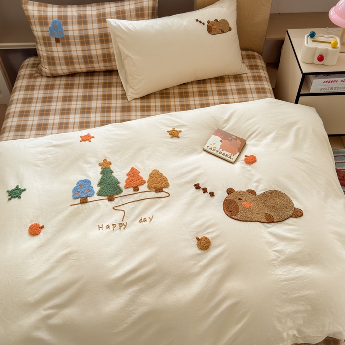 91家纺网 家纺一手货源 找家纺 如意朵 2026新款全棉纯棉毛巾绣四件套（第二批） 开心巴拉