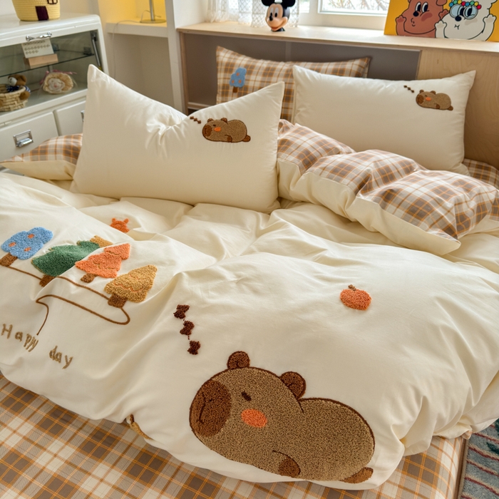 91家纺网 家纺一手货源 找家纺 如意朵 2026新款全棉纯棉毛巾绣四件套（第二批） 开心巴拉