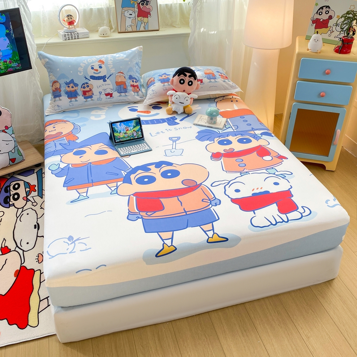 91家纺网 家纺一手货源 找家纺 博雅 2026新款蜡笔小新正版授权全棉纯棉大版床笠单件床笠单品单床笠 大版-冬日雪人小新