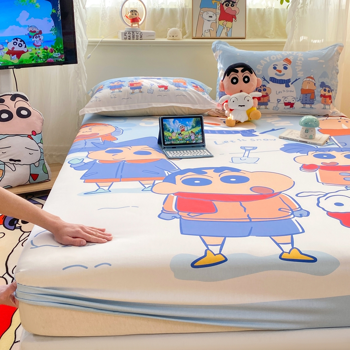 91家纺网 家纺一手货源 找家纺 博雅 2026新款蜡笔小新正版授权全棉纯棉大版床笠单件床笠单品单床笠 大版-冬日雪人小新
