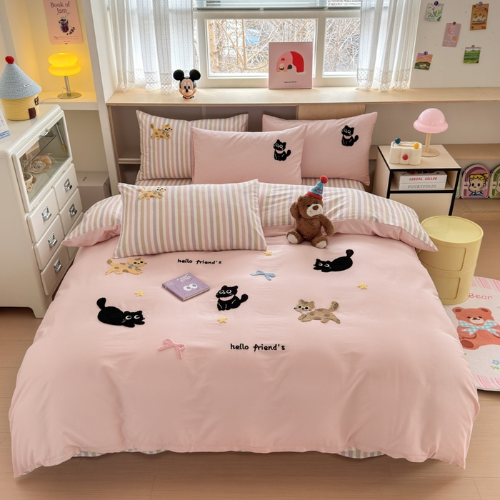 91家纺网 家纺一手货源 找家纺 如意朵 2026新款全棉纯棉毛巾绣四件套（第二批） 猫咪家族