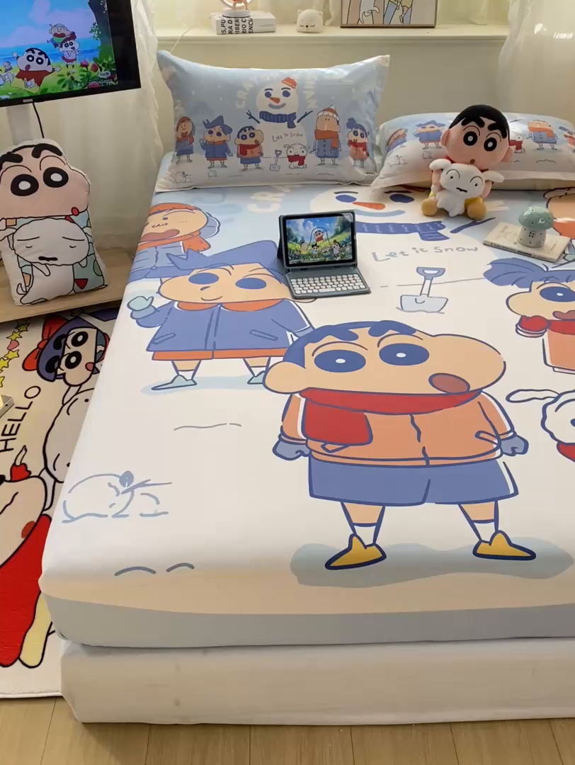 91家纺网 家纺一手货源 找家纺 博雅 2026新款蜡笔小新正版授权全棉纯棉大版床笠单件床笠单品单床笠 大版-冬日雪人小新