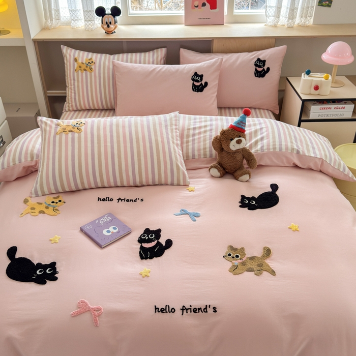 91家纺网 家纺一手货源 找家纺 如意朵 2026新款全棉纯棉毛巾绣四件套（第二批） 猫咪家族