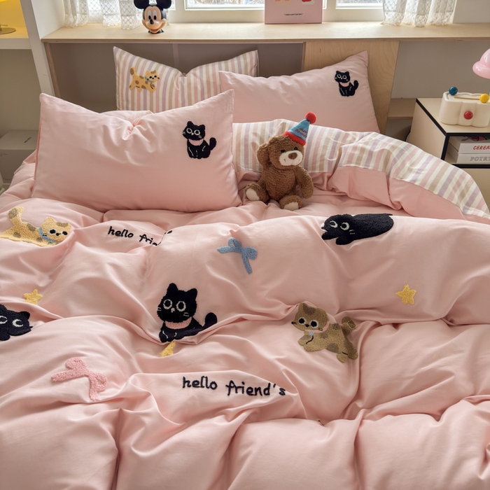 91家纺网 家纺一手货源 找家纺 如意朵 2026新款全棉纯棉毛巾绣四件套（第二批） 猫咪家族