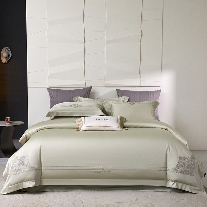 蒂爵 2026新款贡缎100支长绒棉全棉纯棉刺绣绣花四件套高端四件套-施华洛 施华洛-抹茶绿