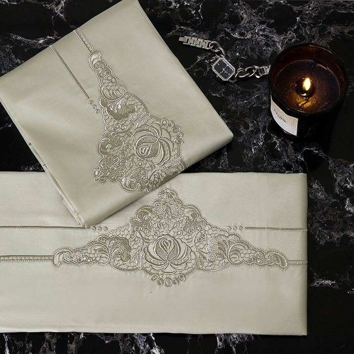 91家纺网 家纺一手货源 找家纺 蒂爵 2026新款贡缎100支长绒棉全棉纯棉刺绣绣花四件套高端四件套-施华洛 施华洛-抹茶绿