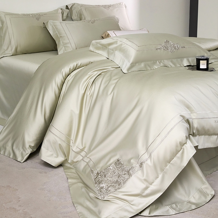 91家纺网 家纺一手货源 找家纺 蒂爵 2026新款贡缎100支长绒棉全棉纯棉刺绣绣花四件套高端四件套-施华洛 施华洛-抹茶绿