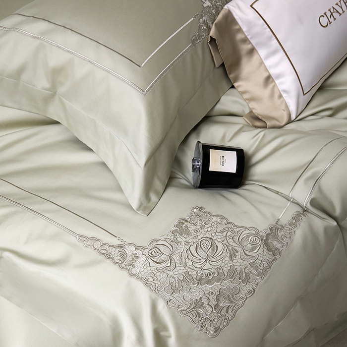 91家纺网 家纺一手货源 找家纺 蒂爵 2026新款贡缎100支长绒棉全棉纯棉刺绣绣花四件套高端四件套-施华洛 施华洛-抹茶绿