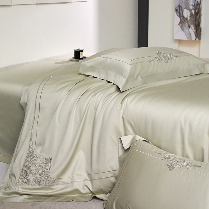 91家纺网 家纺一手货源 找家纺 蒂爵 2026新款贡缎100支长绒棉全棉纯棉刺绣绣花四件套高端四件套-施华洛 施华洛-抹茶绿