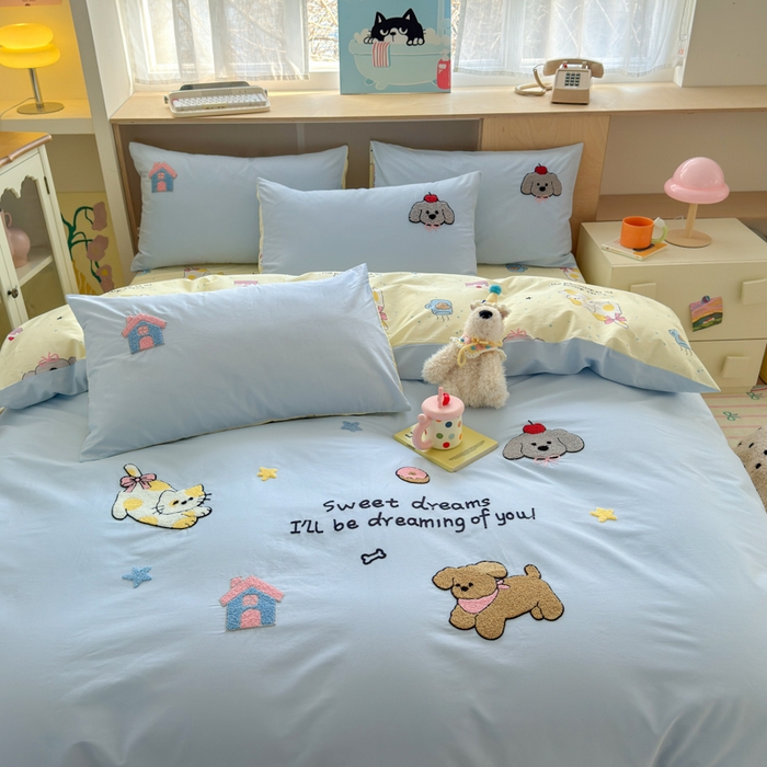 91家纺网 家纺一手货源 找家纺 如意朵 2026新款全棉纯棉毛巾绣四件套（第二批） 萌宠乐园