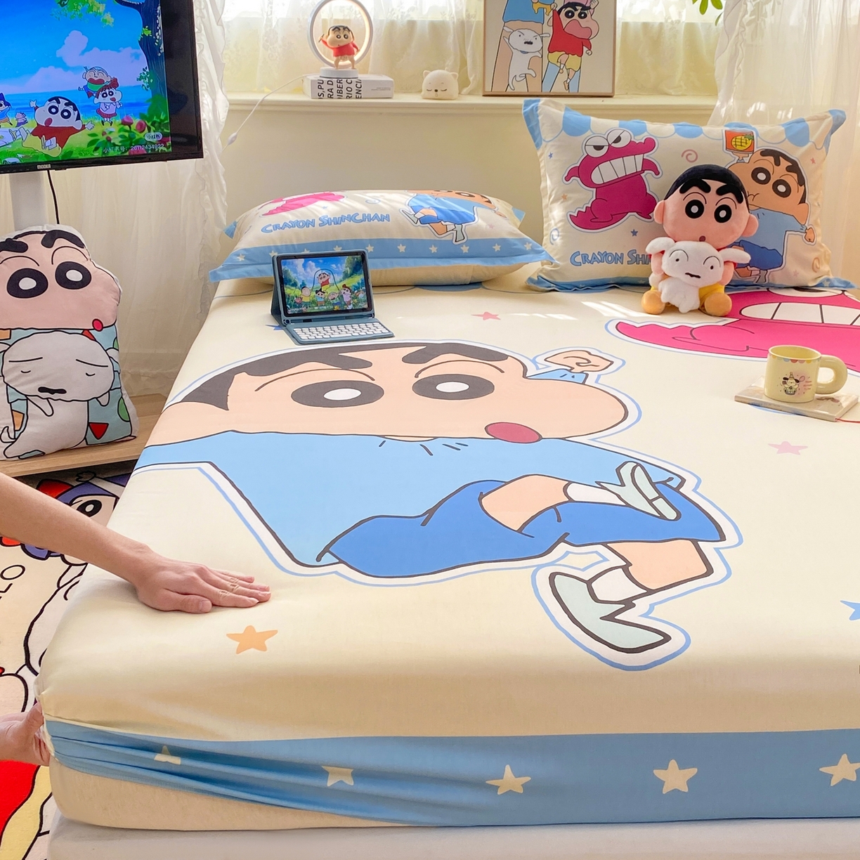 91家纺网 家纺一手货源 找家纺 博雅 2026新款蜡笔小新正版授权全棉纯棉大版床笠单件床笠单品单床笠 大版-鳄鱼山小新