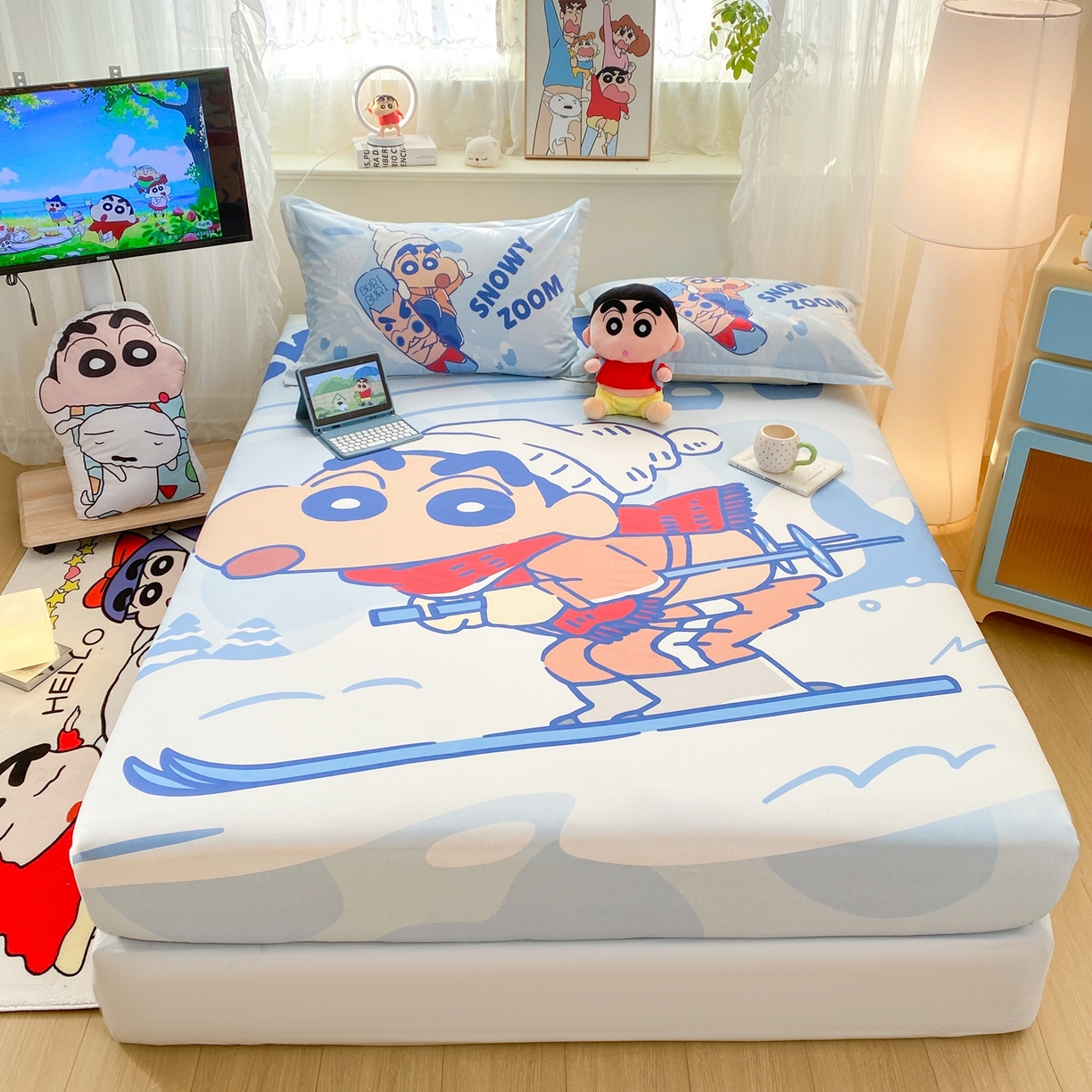 91家纺网 家纺一手货源 找家纺 博雅 2026新款蜡笔小新正版授权全棉纯棉大版床笠单件床笠单品单床笠 大版-滑板小新