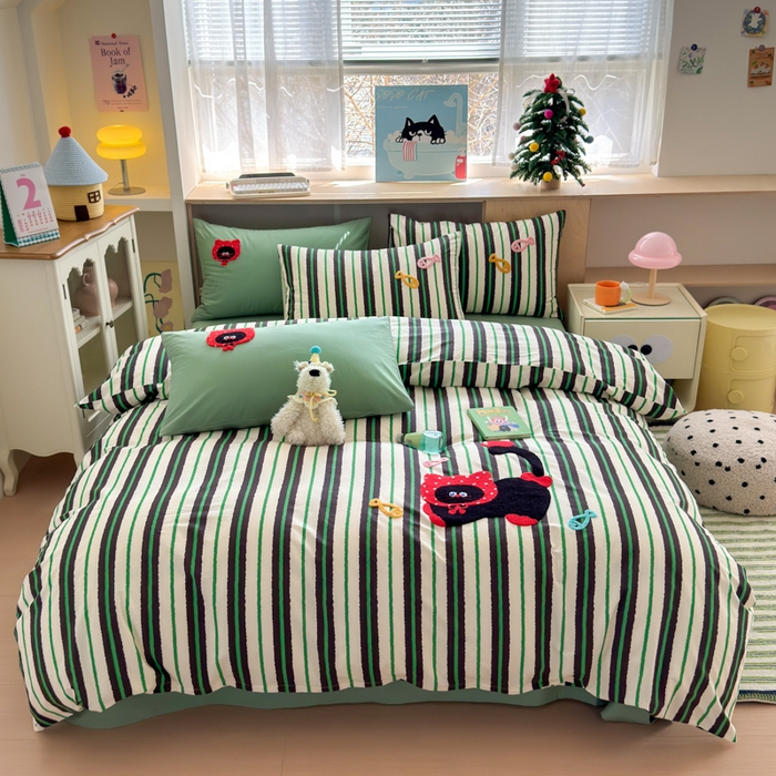 91家纺网 家纺一手货源 找家纺 如意朵 2026新款全棉纯棉毛巾绣四件套（第二批） 小红猫