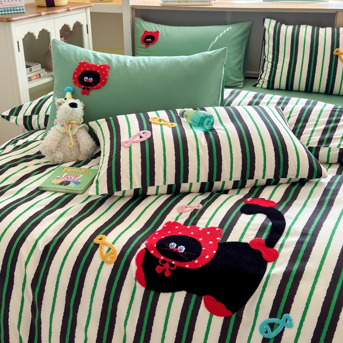 91家纺网 家纺一手货源 找家纺 如意朵 2026新款全棉纯棉毛巾绣四件套（第二批） 小红猫