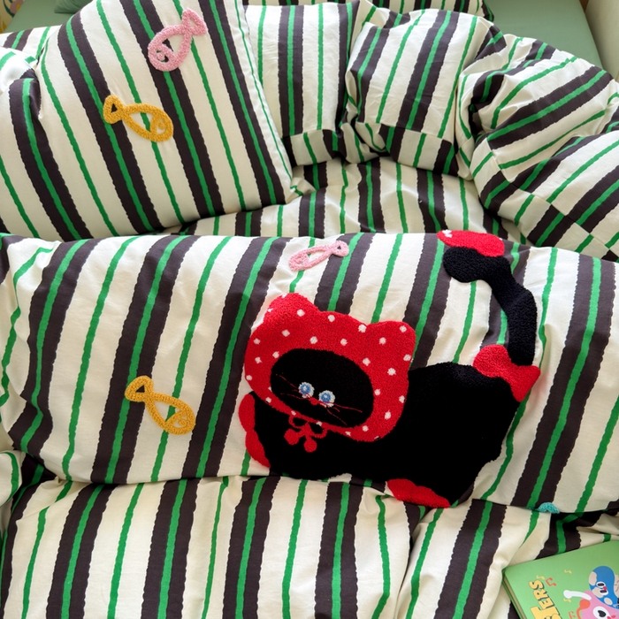 91家纺网 家纺一手货源 找家纺 如意朵 2026新款全棉纯棉毛巾绣四件套（第二批） 小红猫