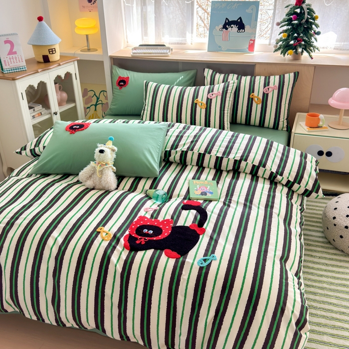 91家纺网 家纺一手货源 找家纺 如意朵 2026新款全棉纯棉毛巾绣四件套（第二批） 小红猫