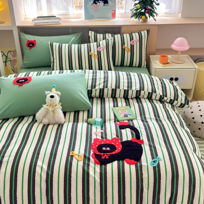 91家纺网 家纺一手货源 找家纺 如意朵 2026新款全棉纯棉毛巾绣四件套（第二批） 小红猫