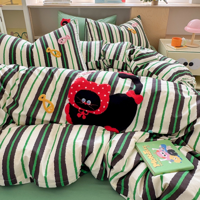 91家纺网 家纺一手货源 找家纺 如意朵 2026新款全棉纯棉毛巾绣四件套（第二批） 小红猫