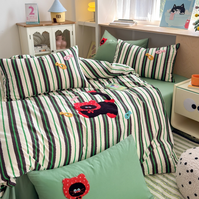 91家纺网 家纺一手货源 找家纺 如意朵 2026新款全棉纯棉毛巾绣四件套（第二批） 小红猫