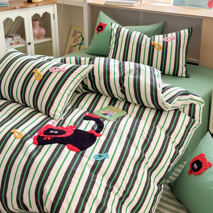 91家纺网 家纺一手货源 找家纺 如意朵 2026新款全棉纯棉毛巾绣四件套（第二批） 小红猫