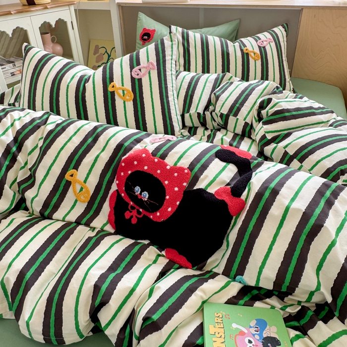 91家纺网 家纺一手货源 找家纺 如意朵 2026新款全棉纯棉毛巾绣四件套（第二批） 小红猫