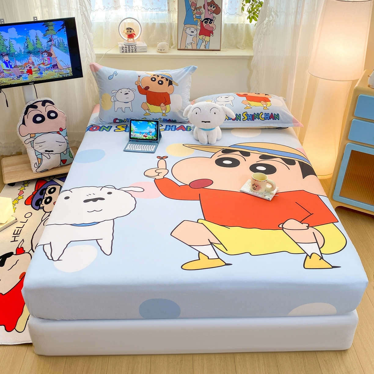 博雅 2026新款蜡笔小新正版授权全棉纯棉大版床笠单件床笠单品单床笠 大版-蓝色小新