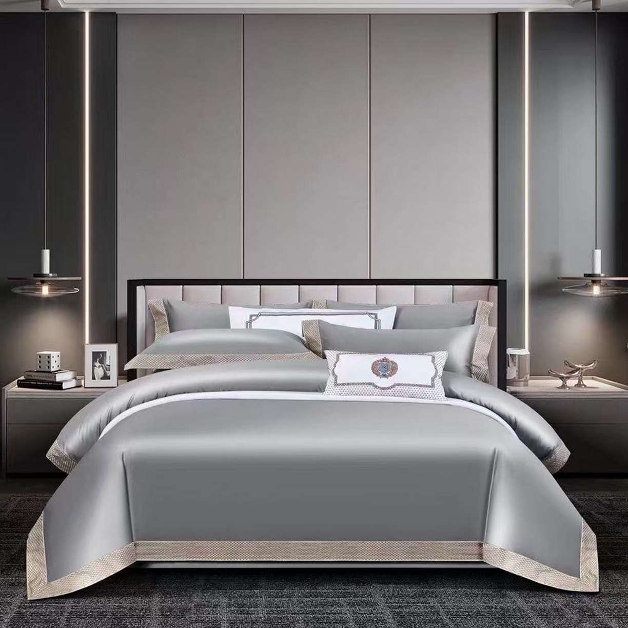 edra 2026新款纯棉长绒棉轻奢绣花床盖款四件套-罗马假日 罗马假日-灰色