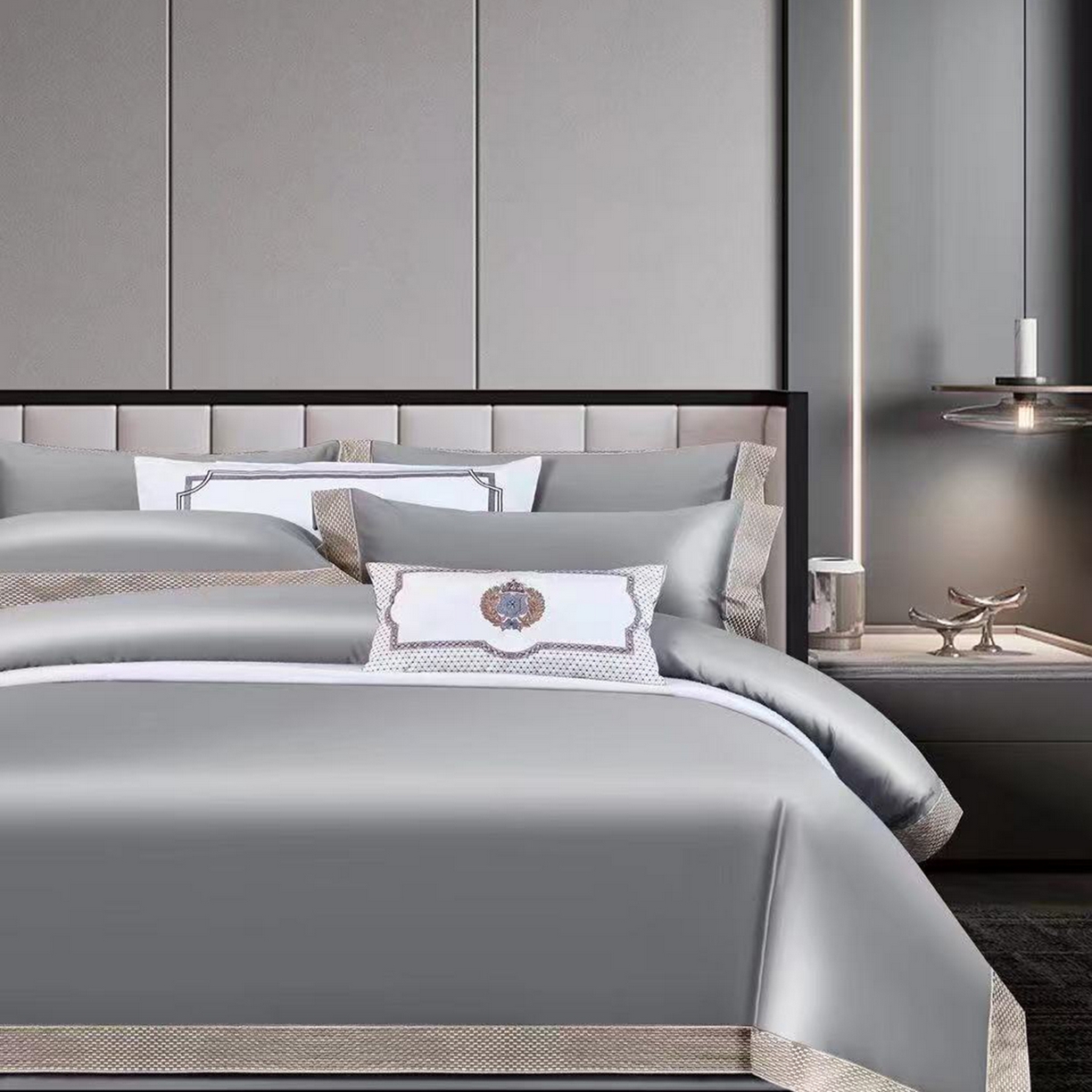 91家纺网 家纺一手货源 找家纺 edra 2026新款纯棉长绒棉轻奢绣花床盖款四件套-罗马假日 罗马假日-灰色