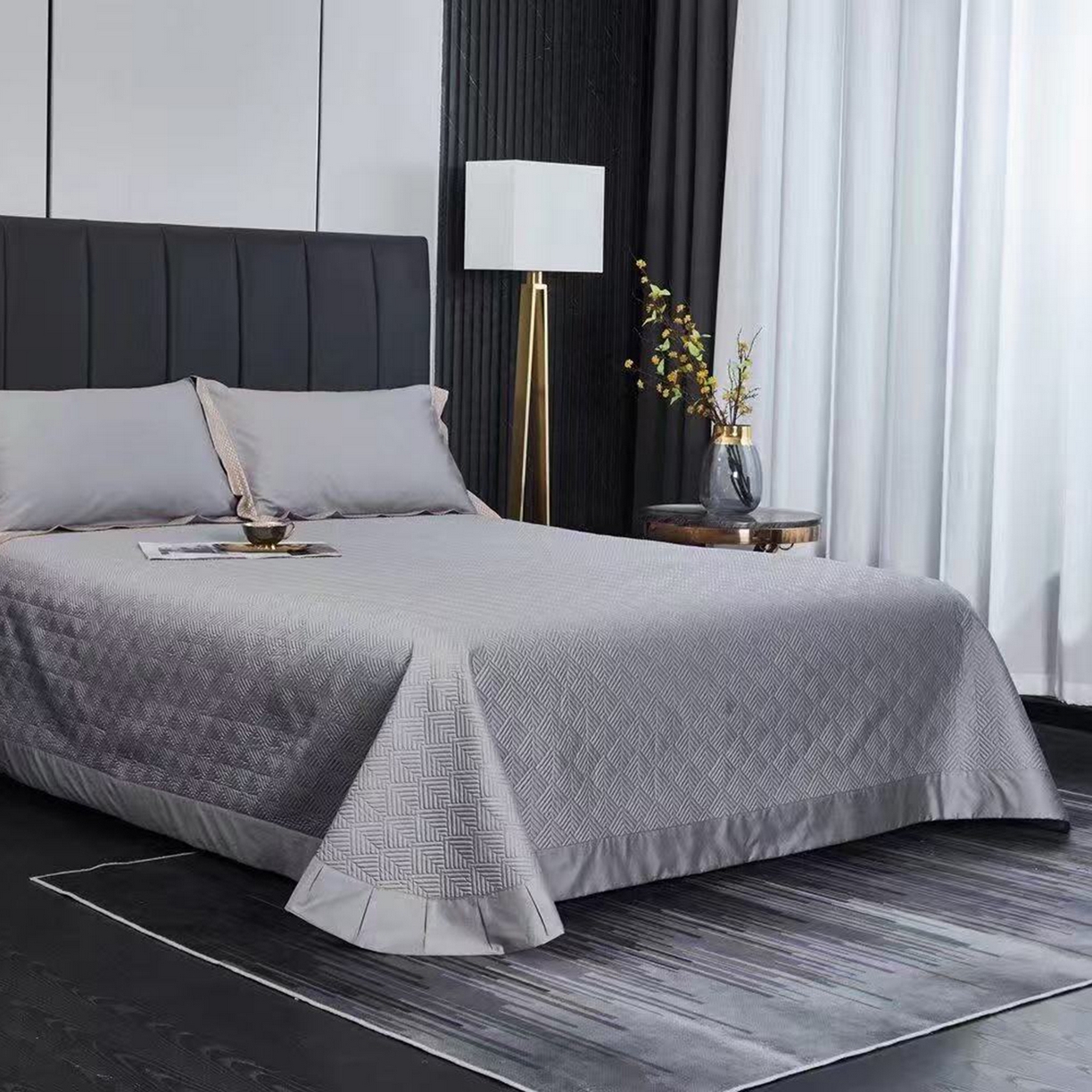 91家纺网 家纺一手货源 找家纺 edra 2026新款纯棉长绒棉轻奢绣花床盖款四件套-罗马假日 罗马假日-灰色