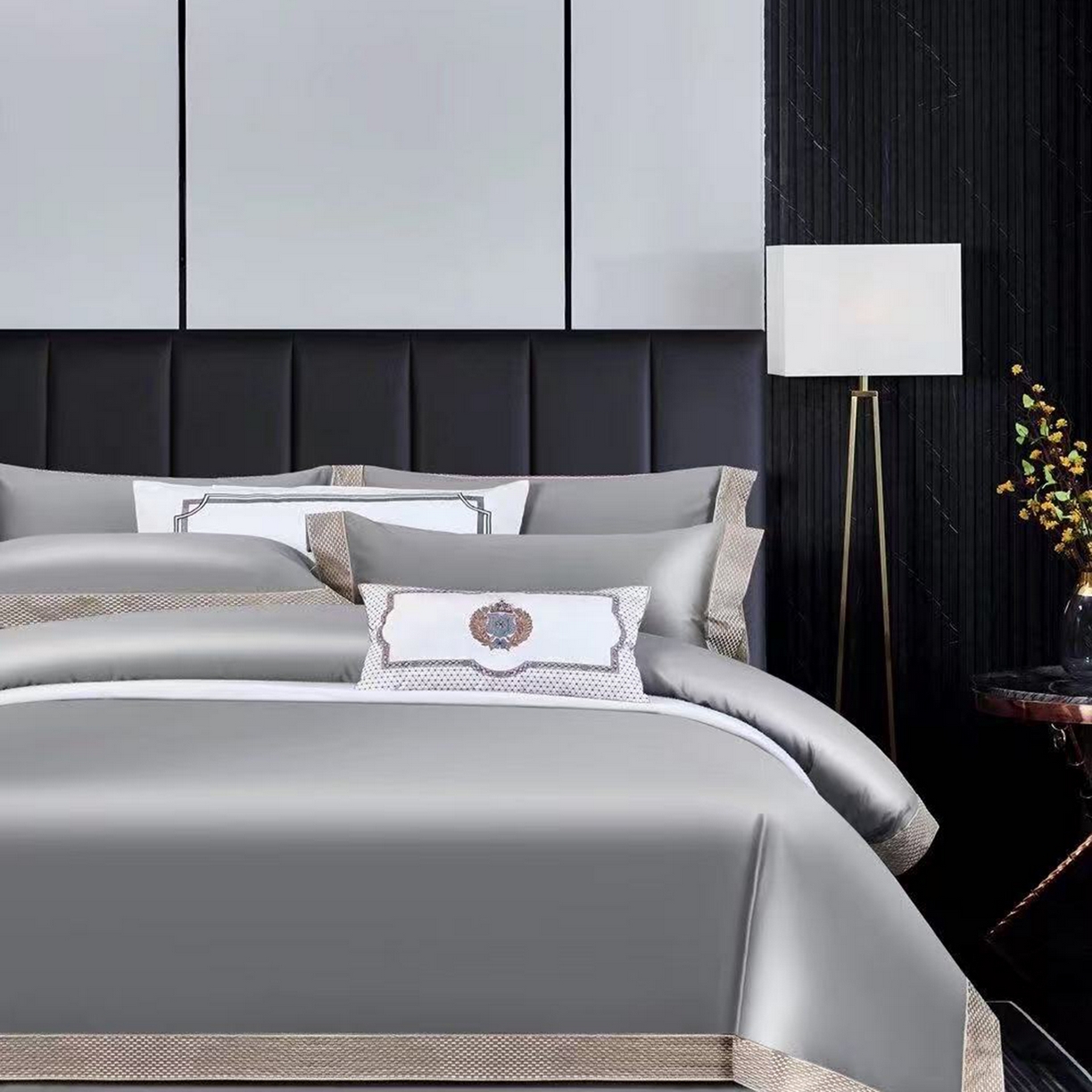 91家纺网 家纺一手货源 找家纺 edra 2026新款纯棉长绒棉轻奢绣花床盖款四件套-罗马假日 罗马假日-灰色