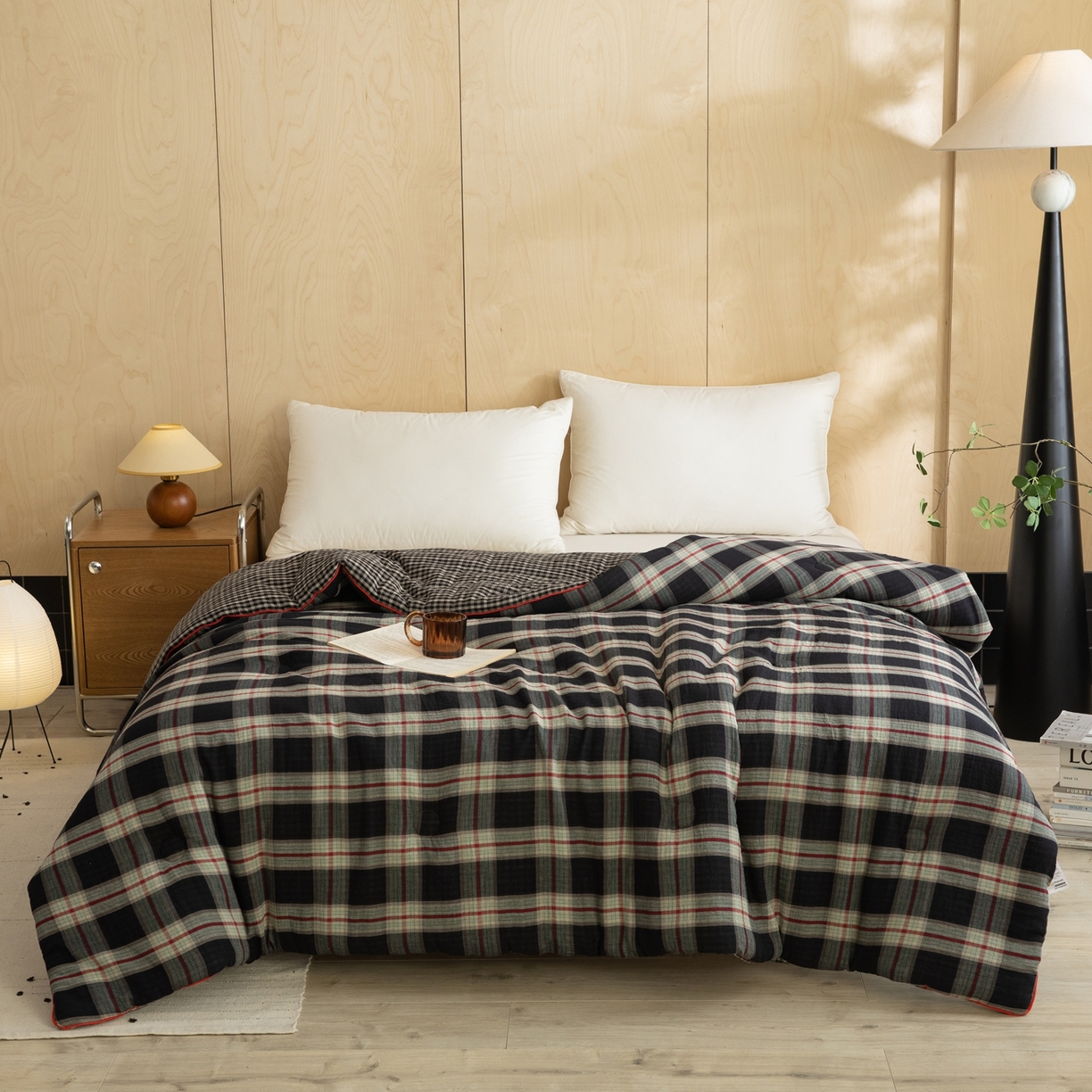 棉小二 2026新款全棉大豆纤维冬被春秋被 黑大格