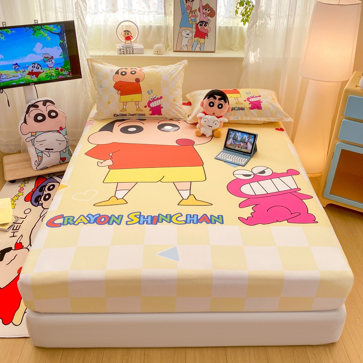 91家纺网 家纺一手货源 找家纺 博雅 2026新款蜡笔小新正版授权全棉纯棉大版床笠单件床笠单品单床笠 大版-奶白格子小新