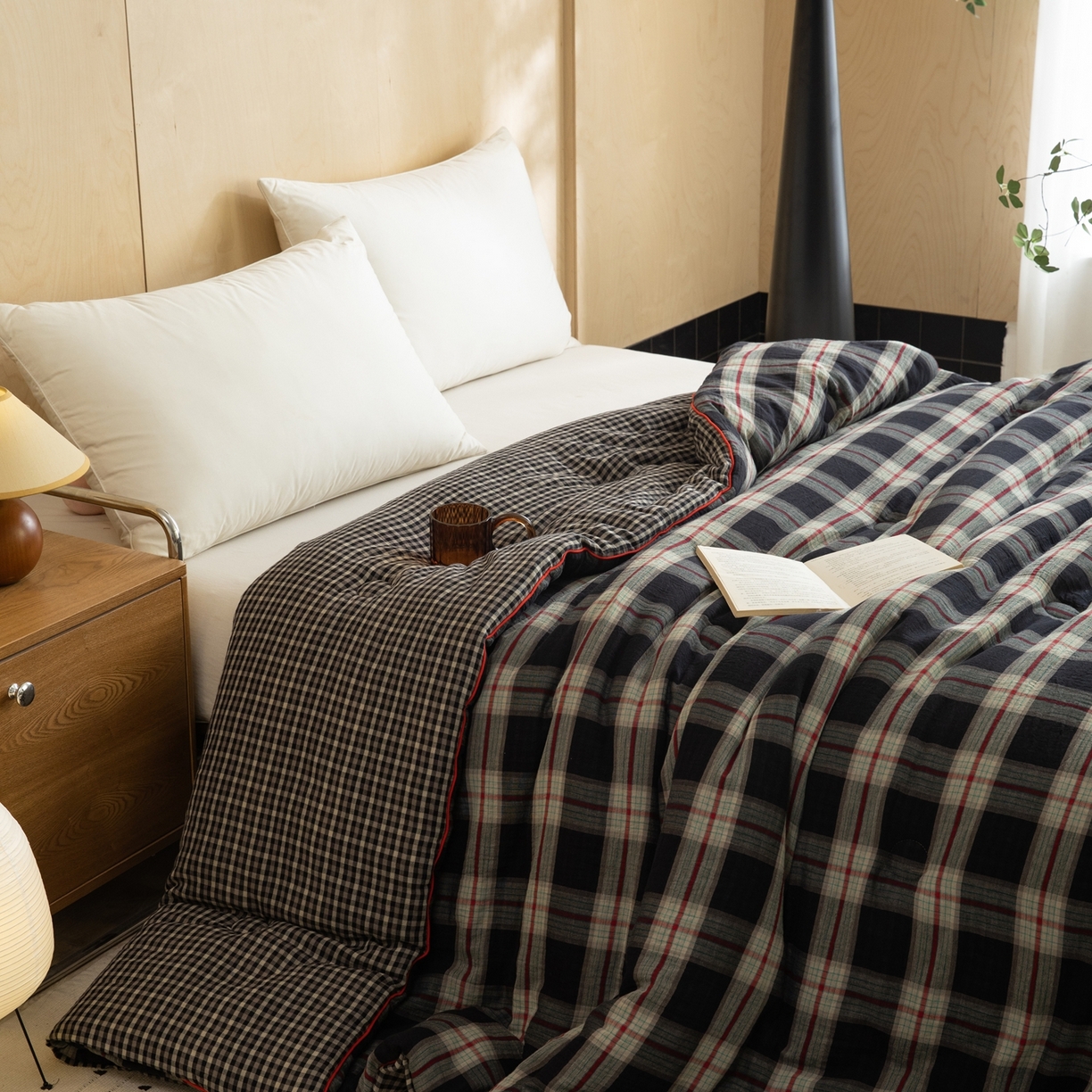 91家纺网 家纺一手货源 找家纺 棉小二 2026新款全棉大豆纤维冬被春秋被 黑大格